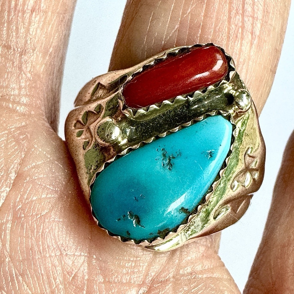 Mens Turquoise Navajo‎ Band Sz 10.5 Coral Two Stone Ring 21mm Signed ML Native
